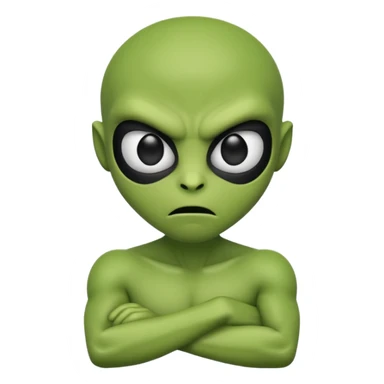 An emoji-style alien face with an angry expression, green skin, large black eyes, furrowed eyebrows, and a slanted side turned mouth, arms folded across chest showing contempt sticker