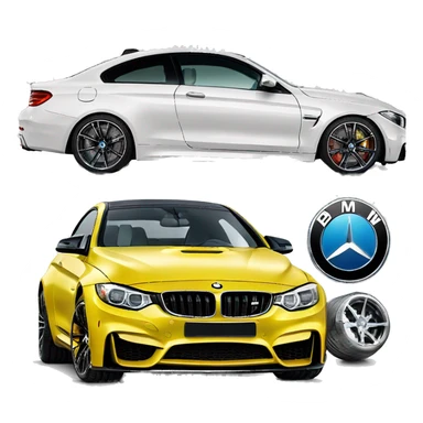 A BMW M4 next to a Mercedes Benz sticker