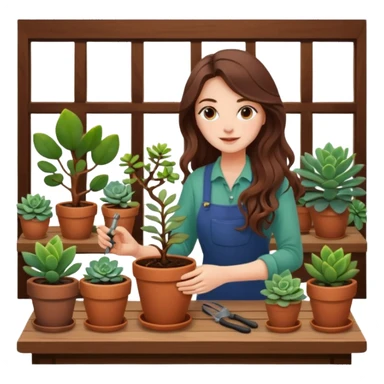 
Close-up of a woman with long, wavy brown hair planting a seedling in a pot. Surrounding her are plants and succulents with vibrant leaves and flowers. Sunlight filters through the window, casting soft shadows. A cozy interior space with gardening tools on a wooden table. sticker