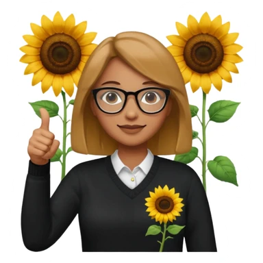 Make my biology teacher shes light brown, wears glasses, female, fat, all black sweater down and sunflower shirt under and make her give 1 thumbs up sticker