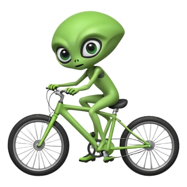 alien riding a bicycle, cute extraterrestrial character, casual cycling pose, big curious eyes, futuristic yet playful vibe, 3D cartoon, mobile game icon style, clean background, no text, no watermark
 sticker