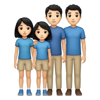 Hispanic family of five standing side by side, mom with long straight hair, dad with short curly hair, two boys with matching short hair, one girl with long straight hair, no raised hands, transparent background sticker