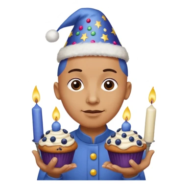 Blueberry Muffin celebrating birthday. Make sure it actually looks like a muffin with candles. Somebody holding it with party hat and bald sticker
