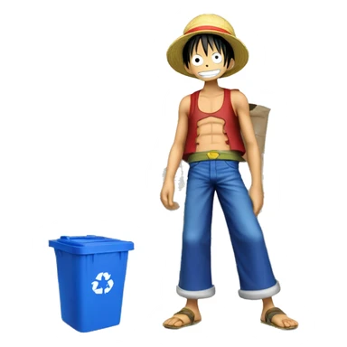 Luffy from one piece taking out his recycling bin, which has a blue body and yellow lid sticker