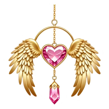Reddish-pinkish and golden warm-colored romantic lush beautiful pretty hanging crystal-catcher aesthetic with hearts and glitters sparkles and feathers and white angel wings hanging from a gold chain sticker