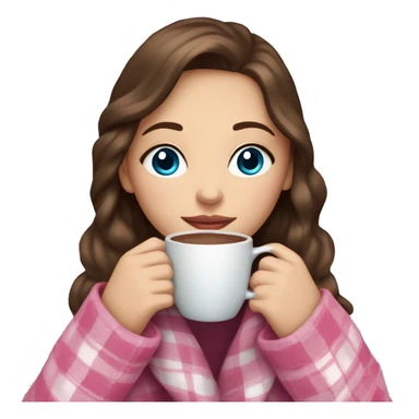 Girl with brown hair and blue eyes sipping on a hot chocolate wrapped in a pink plaid blanket  sticker