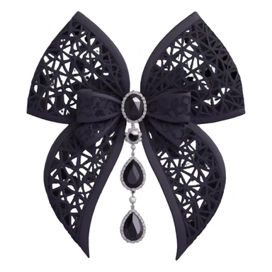 3D emoji gothic bow, white silk, silver spiderweb brooch, black lace overlay, black feather accents, single black teardrop gem sticker