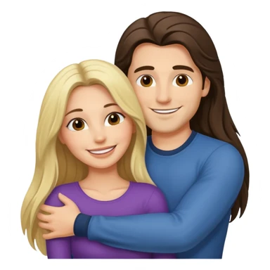 A happy boyfriend and girlfriend hug. She is brunette sexy with long hair. He is blonde sticker