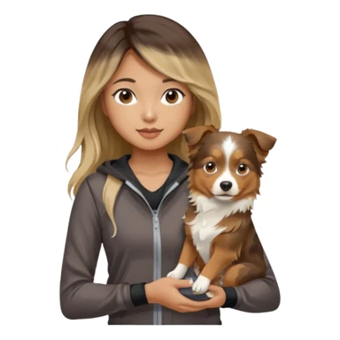 An Asian lady with long balayage hair with blonde highlights, in a brown gym outfit, holding a mini Australian shepherd  sticker