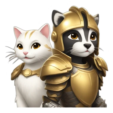 a smiling badger beside a white female cat who is wearing a golden light armour also smiling sticker