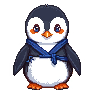 A penguin wizard with a serious expression, wearing a dark blue robe, hands clasped together sticker