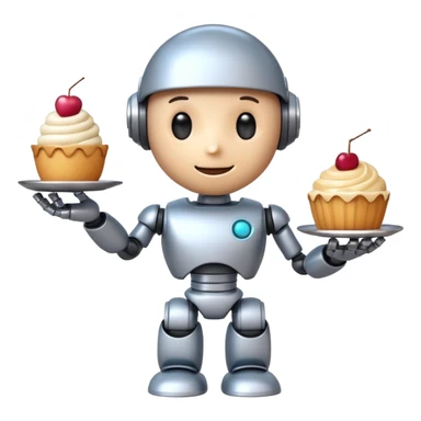 The cute robot is holding dessert in its hands, 3d emoji sticker