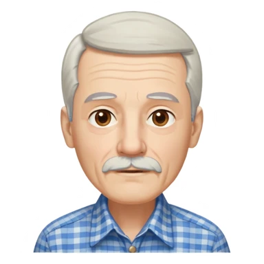 Thin elderly man with light skin. Elongated face with kind expression. Light brown eyes. Thin eyebrows. White goatee and white mustache. Fine straight gray-white hair with bangs, hair is long and goes past his ears. Slim build. Wearing a blue and beige checkered button-up shirt. sticker