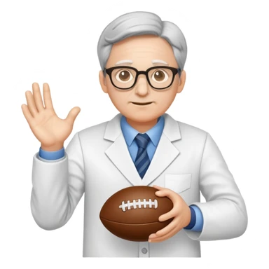 professor with glasses and academic attire with hands positioned as if gripping an invisible rugby ball sticker