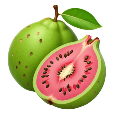 whole round or pear-shaped guava with smooth light green skin alongside a halved piece revealing bright pink or pale yellow flesh speckled with tiny edible seeds, soft juicy texture, gently uneven surface, no leaves, plate, or extras, soft lighting, subtle shadows, emoji scale sticker