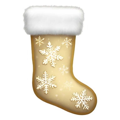 Beige Christmas stocking with sparkling gold snowflakes and white fur sticker