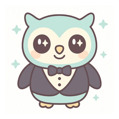 a friendly owl wearing a tuxedo, looking helpful, kawaii style sticker