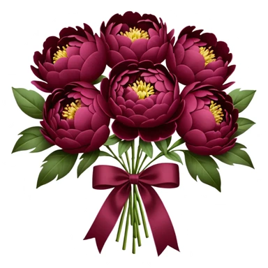 Big bouquet of burgundy peonies with a white satin ribbon sticker