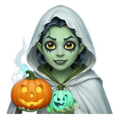 female orc ghost emoji, green skin, tusks, gentle smile, wearing flowing white ghost cloak with black eye holes, holding pumpkin lantern, faint glowing blue mist, Halloween fantasy, smooth Apple emoji style, white background, square sticker