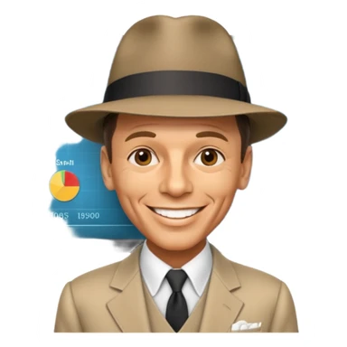 Frank Sinatra with the hat on, smiling and showing data analytics on a screen in the background sticker
