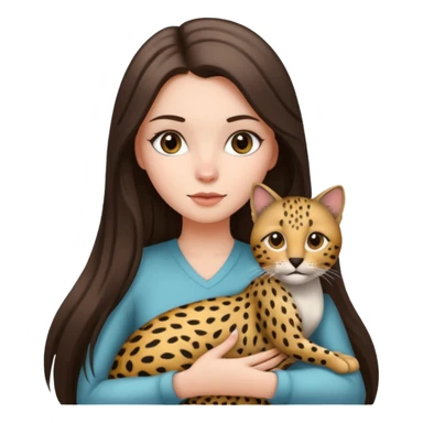 a white girl with brunette long straight hair holding a grey cat. the grey cat has black lines and cheeta prints in its fur. sticker
