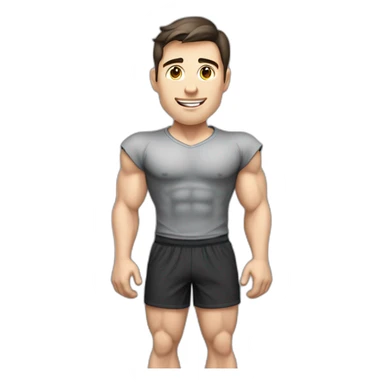 Pale skinned Fit Man With the biceps and dark brown hair in gray shirt, black sports shorts and white Sneakers Writing text on the flipchart sticker