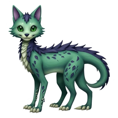 Kawaii spooky dark bleak blackish swampy white-skeletal gloomy ghostly dark greyish dark-deep-greenish foggy eldritch beautiful realistic edgy fantasy ghoul-like stitched feline-vernid-sergal-fursona animal creature with a tufted tail full body with intricate markings  sticker