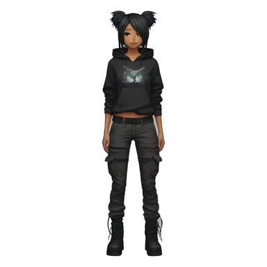 Edgy anthro beautiful pretty anime punk tomboy with cat ears techwear cargo pants hoodie sticker
