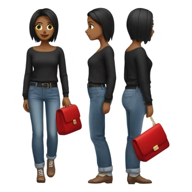 Stylish brunette girl with low rise baggy jeans white square neck top black sweater and red purse  sticker