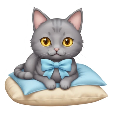 A grey cat with yellow eyes and a light blue bow sits on a beige pillow



 sticker