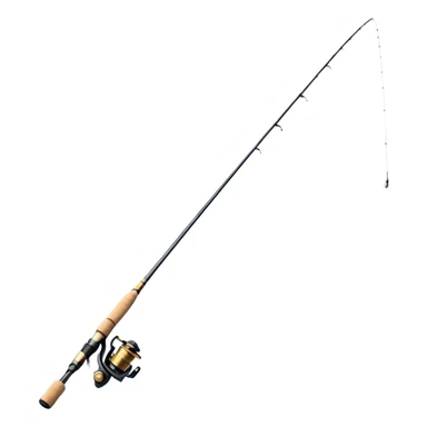 Cinematic Realistic Fishing Rod, sleek graphite rod with a smooth, polished reel, thin line disappearing into a shimmering lake, warm golden sunlight reflecting off the water, glowing with a tranquil and adventurous aura. sticker