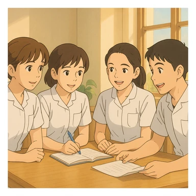 Quatre étudiants infirmiers en intérieur lumineux, style Ghibli, travaillant en collaboration et en interaction. Uniformes blancs à manches courtes, tuniques médicales col en V, poche poitrine à gauche, pas de pied de col, pas de stéthoscopes, avant-bras nus, cheveux longs attachés pour celles qui en ont. Inspirés des quatre visages fournis. sticker