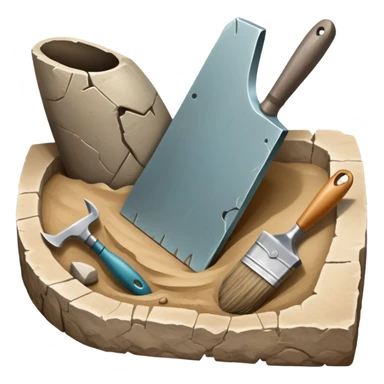 An icon showing an archaeologist’s tools: a trowel, brush, and a partially uncovered ancient artifact like a vase or tablet. The design includes a sandy excavation site with ruins in the background, symbolizing the discovery of past civilizations. Transparent background  sticker