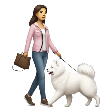 side profile full body view of brunette female with light pink skintone walking one samoyed dog on a leash sticker