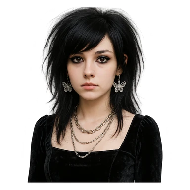 emo girl with heart-shaped face, velvet dress, silver chains, butterfly earrings sticker