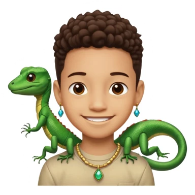 smiling boy with jewelry next to cartoon ant and lizard sticker