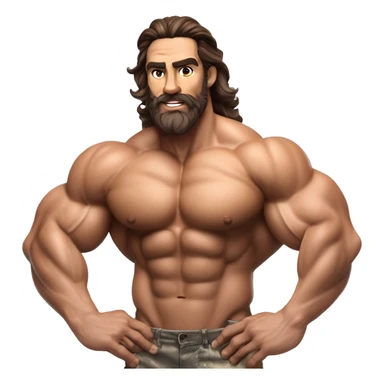 muscled hairy bodybuilder brown hair beard,enormous pecs and enormous biceps, long wavy hair in a man bun, with dark brown eyes, and tanned skin, full body from head to toes picture, flexin both biceps, hairy body, wearing, bodybuilding posing swimsuit sticker