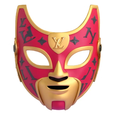 high fashion Louis Vuitton luchador mask with gold LV logos and luxury leather texture sticker