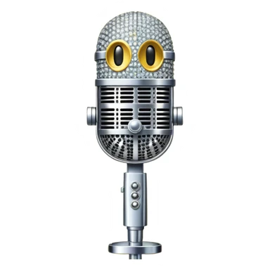 Create a glamorous and vibrant emoji representing stage vocal performance. The design should feature a classic vintage microphone at the center, surrounded by humanless an eye-catching stage costume covered in rhinestones, sparkling brightly. The costume should be stylized, with glittering elements like sequins and sparkles, and reflect the glitzy, extravagant nature of show business. The microphone should have a sleek, retro look with chrome or metallic accents. Use rich, dazzling colors like gold, silver, deep purple, and bright red to evoke the glamorous, larger-than-life feel of a stage performance. The background should be transparent. sticker