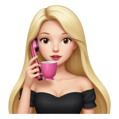 exaggerated features of woman with straight long blond hair, gossiping on a pink analogue phone, holding a tea cup, wearing an off-shoulder black top, red face sticker