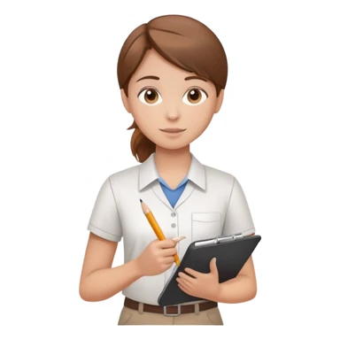 Intern or volunteer with brown hair holding a clipboard and pencil, ready to take notes or assist. The character wears a simple shirt and has an eager posture sticker