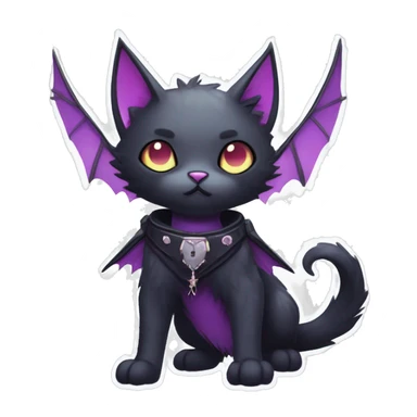   cool edgy kawaii ethereal dark-punk-themed animal vampiric cat-hybrid Fakemon with fangs and bat-wing-ears with a collar full body sticker