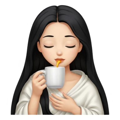 black hair girl long hair inside a white milky satin blanket sipping coffee in white mug eyes closed without coffee in mouth  sticker