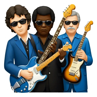 Icon for Blues Music: close-up collage of legendary blues artists. Gary Moore, Eric Clapton, B.B. King and Joe Cocker. Represented by silhouettes or symbolic items like guitars, microphones, or music notes, reflecting the soulful energy of blues music. Transparent background. sticker