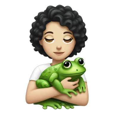 a white girl with curly black hair looking very sleepy and hugging a frog sticker