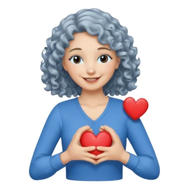 Silver, wavy/curly hair chin-length lady giving hug with 2 arms, blue v-neck and smilingm add a heart sticker