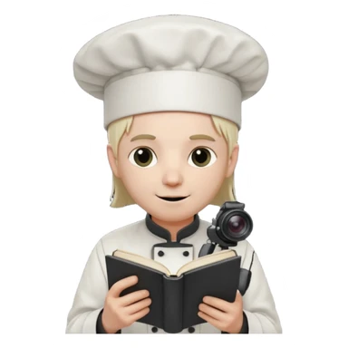 ["A happy man with pale skin, straight hair, wearing a chef hat and no glasses, dressed in goth fashion, is reading a book while holding a camera."] sticker