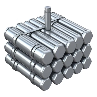 A bundle of uranium fuel rods used in a nuclear reactor, with a metallic silver or gray structure and cylindrical rods, arranged in a hexagonal grid, realistic and industrial style, no green color, only metallic shades. sticker