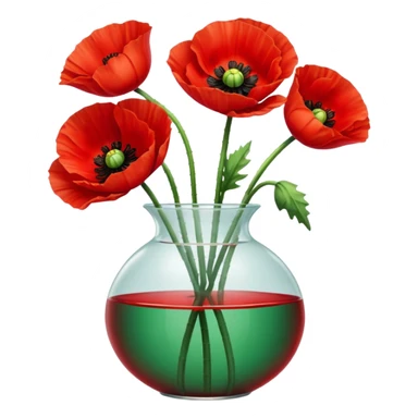 three big realistic poppy flowers in a clear vase with clear water sticker