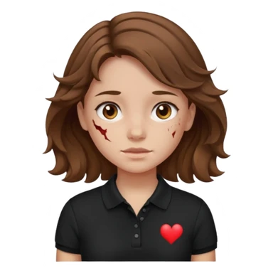 crie uma garota com ferimentos cabelo ondulado 2c castanho e blusa polo básica preta sticker